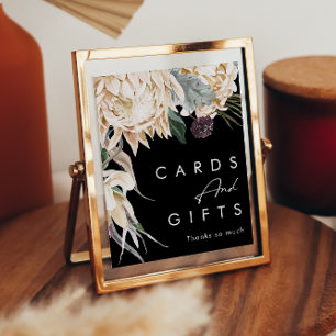 Póster Floral Blanco   Letrero de Tarjetas y Regalos Negr