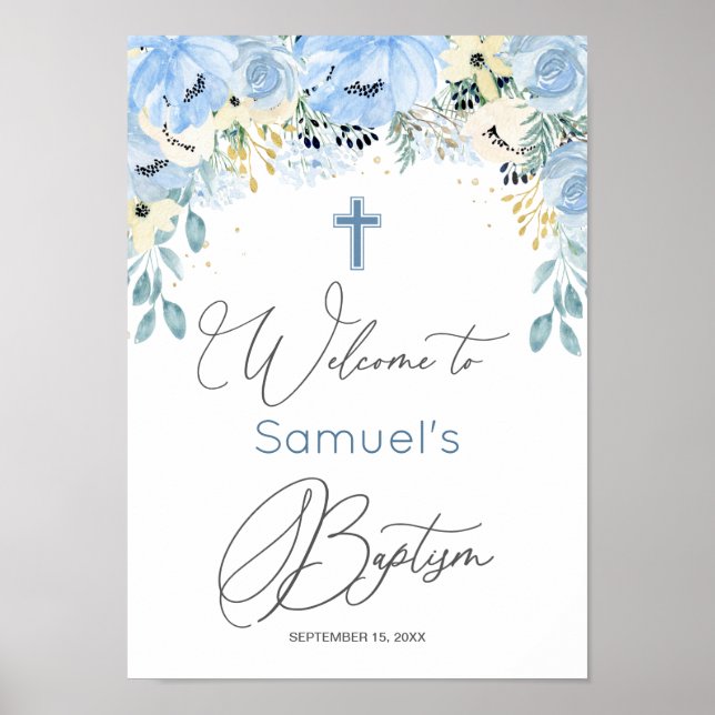 Póster Floral Blue Baby Boy Baptism Poster (Frente)