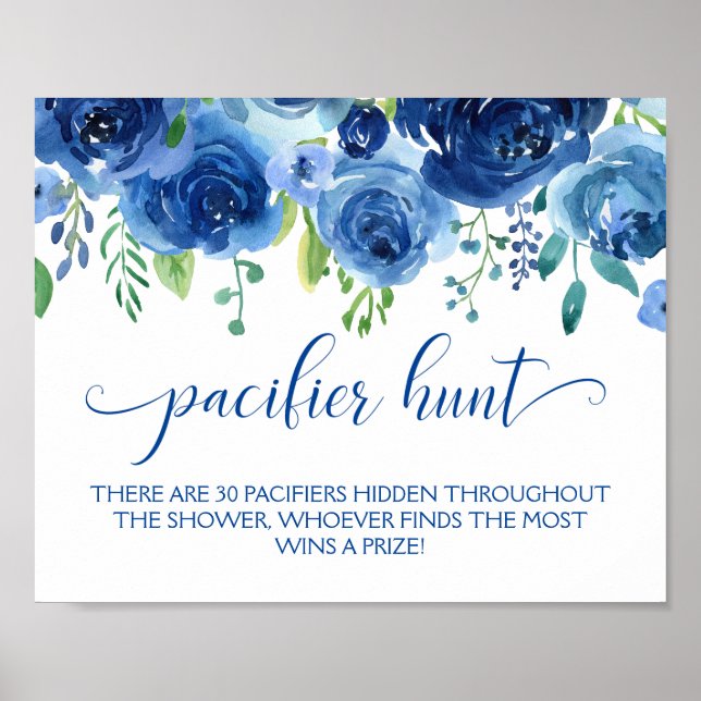 Póster Floral Blue Boy Pacifier Hunt Juego de Baby Shower (Frente)