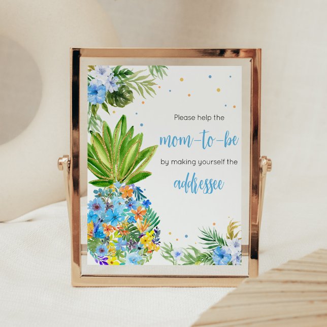 Póster Floral Blue Pineapple Baby Shower Envelope Station (Blue Gold Pineapple Baby Shower Envelope Station Sign)