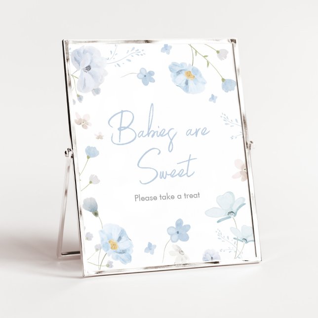 Póster Floral Blue Spring Baby en Bebés Bebés es Dulce (Blue Spring Floral Baby in Bloom Baby Shower Babies are Sweet Sign)