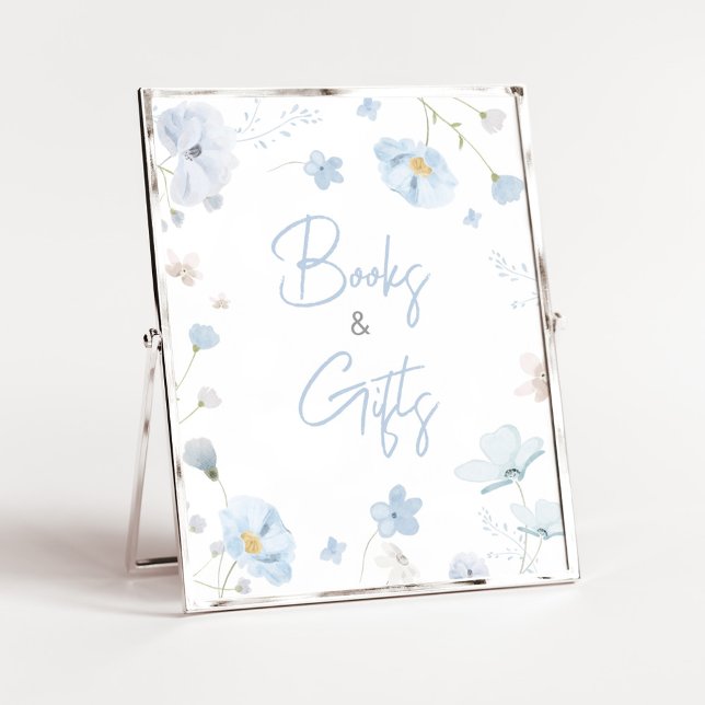 Póster Floral Blue Spring Baby en Bloom Books y Regalos (Blue Spring Floral Baby in Bloom Baby Shower Books and Gifts Sign)