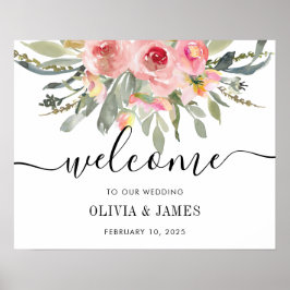 Póster Floral Blush Pink Watercolor Wedding Welcome Sign