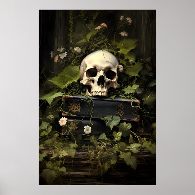 Póster Floral Books Skull Portrait Print, Dark Academia (Frente)