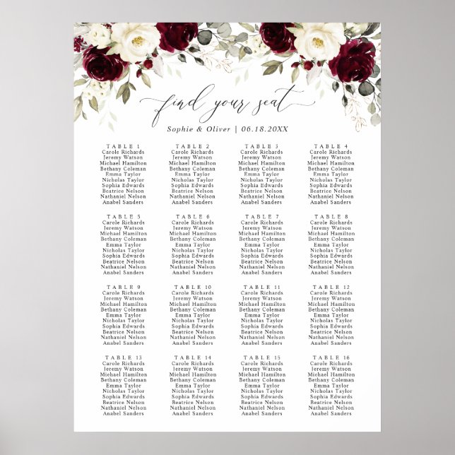 Póster Floral Borgoña 16 mesas Boda Tabla de asientos (Frente)