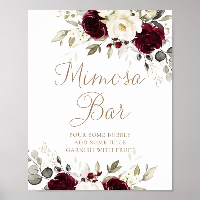Póster Floral Borgoña Boda Rótulo bar Mimosa (Frente)