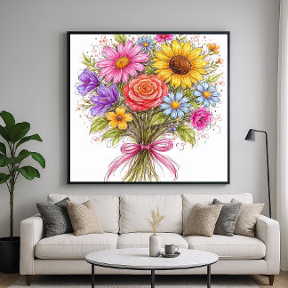 Póster Floral Bouquet - Scribbled Style Art