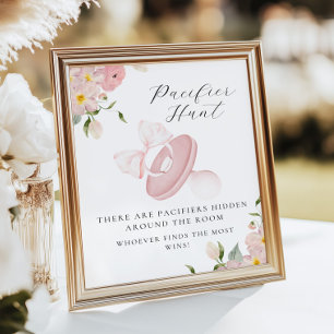 Póster Floral Bow Baby Shower Pacifier Hunt Game Rótulo