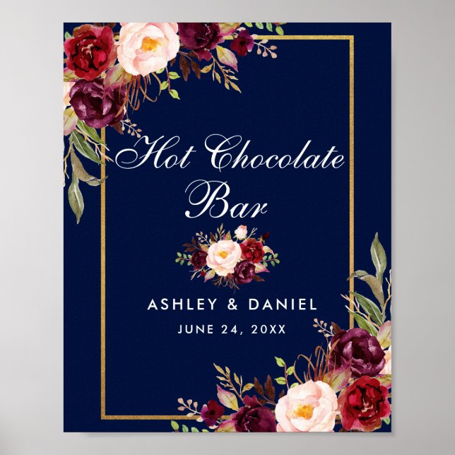 Póster Floral Burgundy Blue Boda Hot Chocolate Bar (Frente)