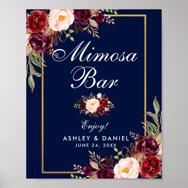 Póster Floral Burgundy Blue Gold Boda Mimosa Bar (Frente)