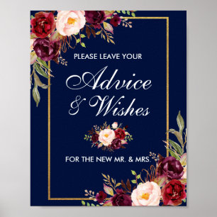 Póster Floral Burgundy Blue Gold Wedding Advice Wishes