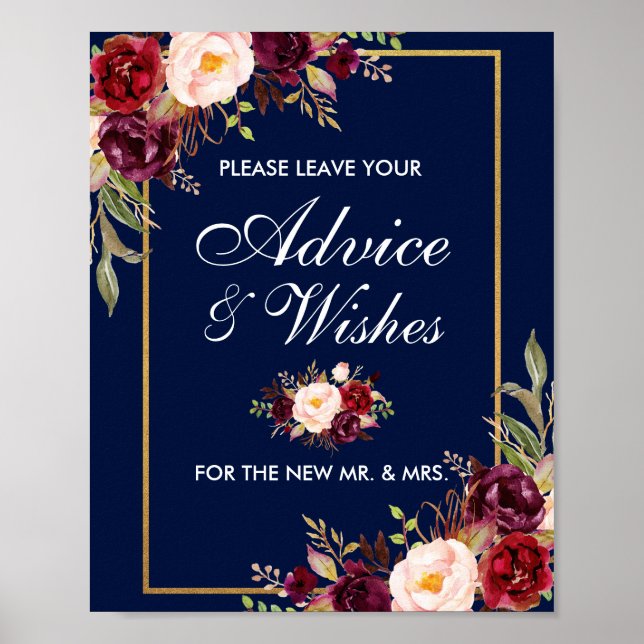 Póster Floral Burgundy Blue Gold Wedding Advice Wishes (Frente)