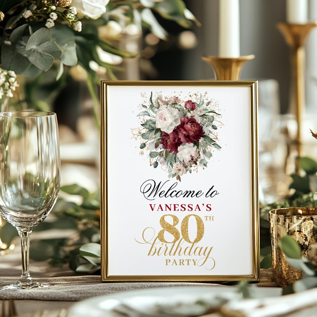 Póster Floral Burgundy Blush Cumpleaños 80 Mesa (Floral Burgundy Blush 80th Birthday Tabletop)