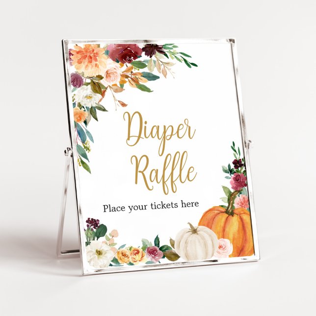 Póster Floral Burgundy Calabaza Baby Shower Diaper Raffle (Pumpkin Baby Shower Diaper Raffle Sign)