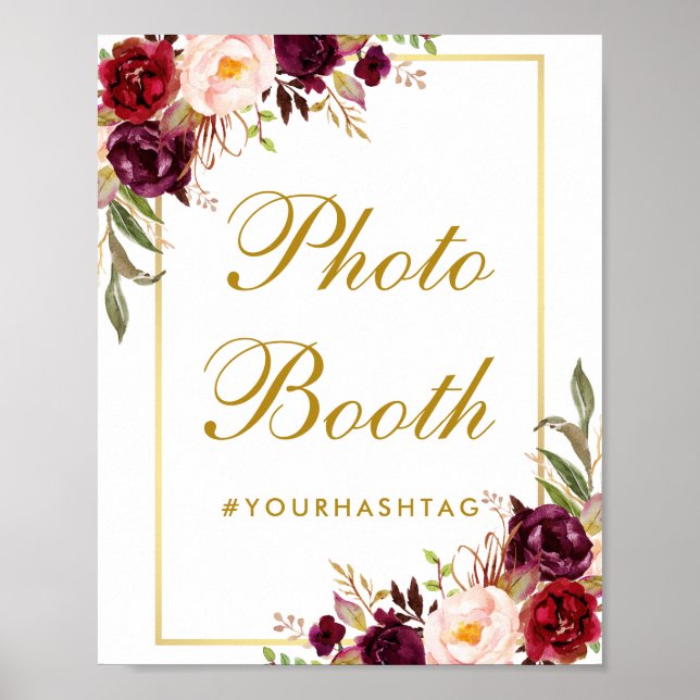 Póster Floral Burgundy Gold Boda Photo Booth (Frente)