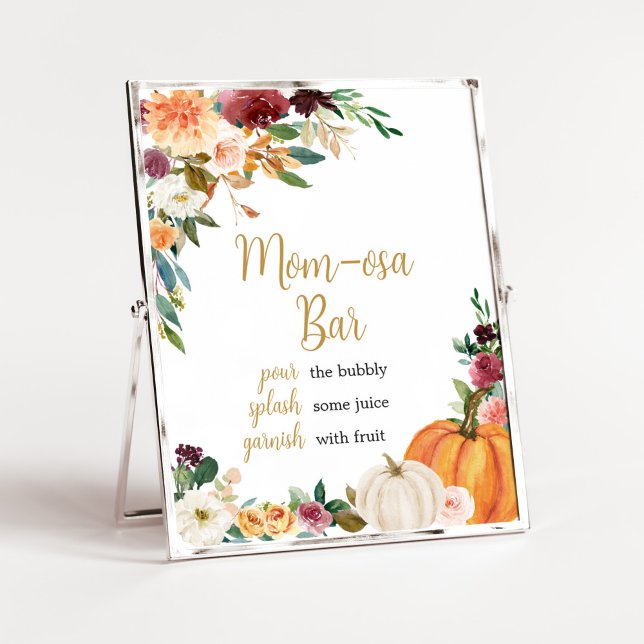 Póster Floral Burgundy Pumpkin Baby Shower Mom Osa Bar (Pumpkin Baby Shower Mom Osa Bar Sign)