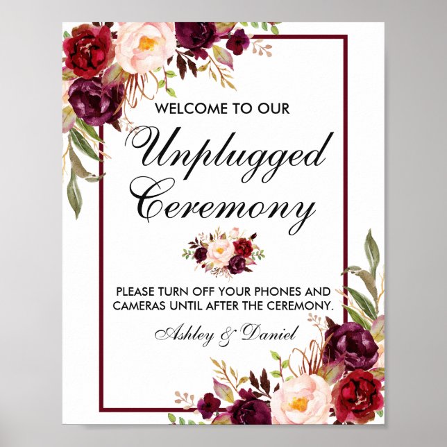 Póster Floral Burgundy Wedding Ceremony Unplugged (Frente)