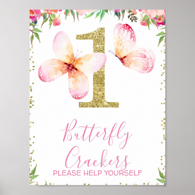 Póster Floral Butterflies Gold Glitter 1st Birthday Sign (Frente)