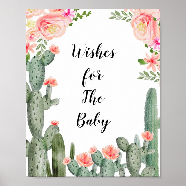 Póster Floral Cactus Baby Shower quiere Rótulo para bebés (Frente)