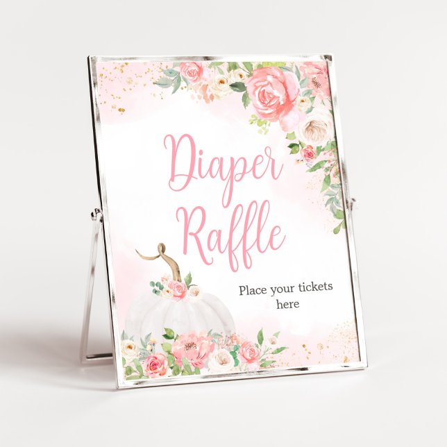 Póster Floral Caída Calabaza Baby Shower Diaper Raffle (Pink Pumpkin Baby Shower Diaper Raffle Sign)