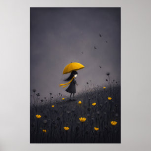 Póster floral caprichoso oscuro de paraguas amaril