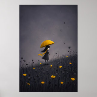 Póster floral caprichoso oscuro de paraguas amaril