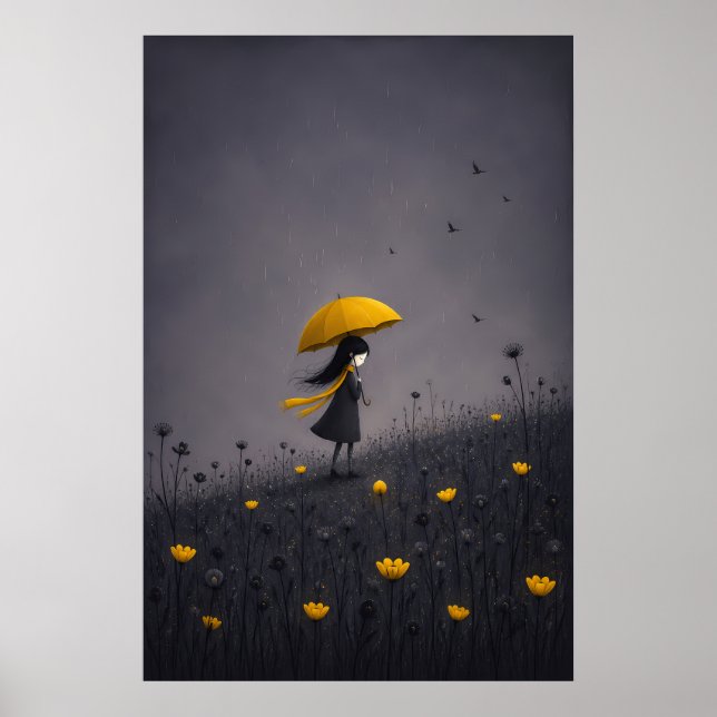 Póster floral caprichoso oscuro de paraguas amaril (Frente)