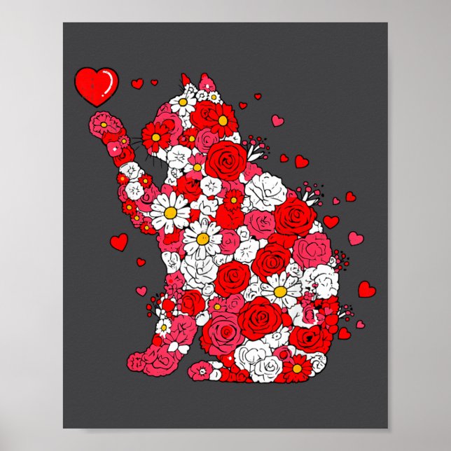 Póster Floral Cat Heart Valentines Day Meow Kitty Kitten  (Frente)