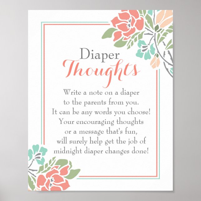 Póster Floral Coral Verde azulada Diaper Thoughts (Frente)