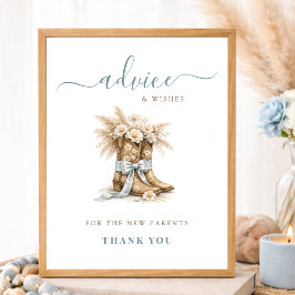 Póster Floral Cowboy Boots & Bows Boy Baby Shower Advice