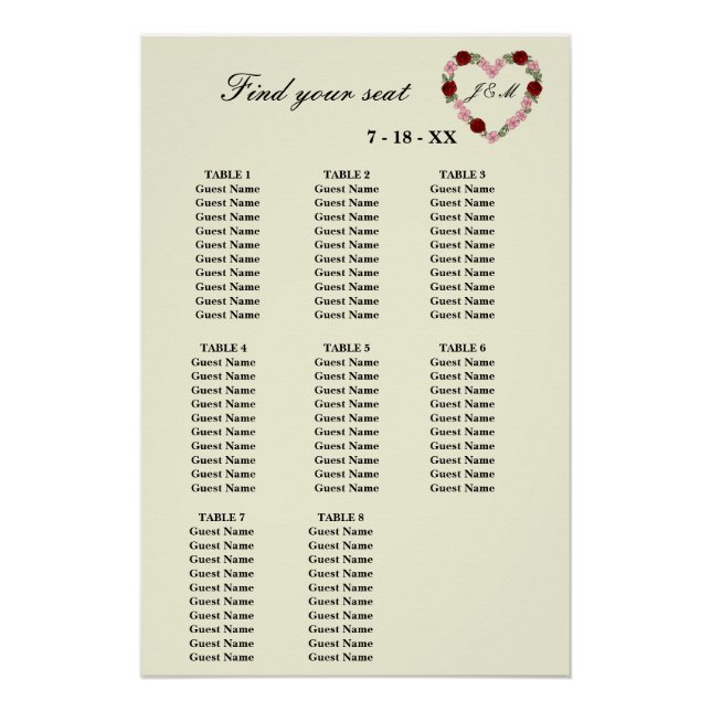 Póster  Floral Cream Heart Wedding Seating Plan 8 Tables (Anverso)