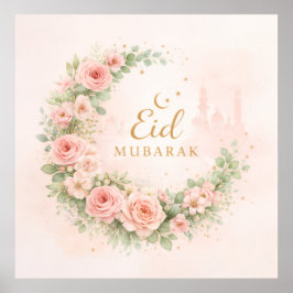 Póster Floral Crescent Eid Mubarak Wall Art – Soft Pink &
