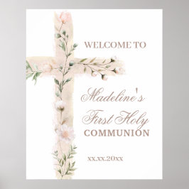 Póster floral cross First Communion welcome sign