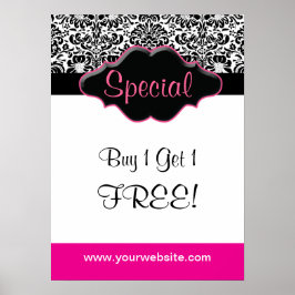 Póster Floral Damask Poster Salon Black White Pink