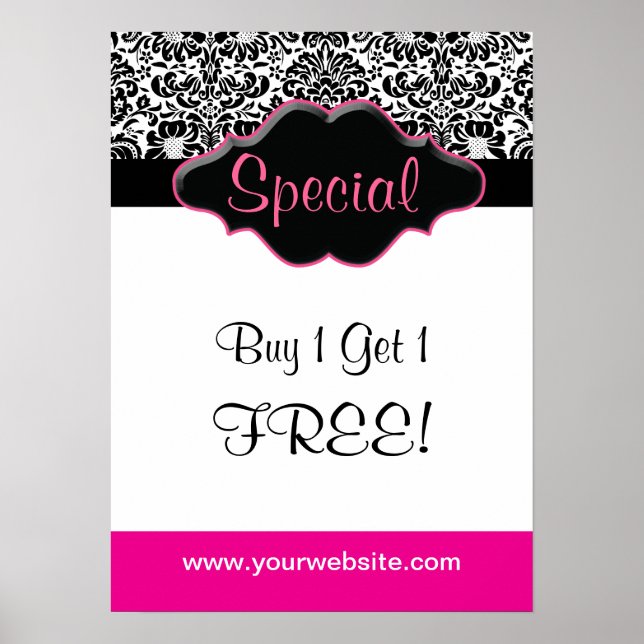 Póster Floral Damask Poster Salon Black White Pink (Frente)