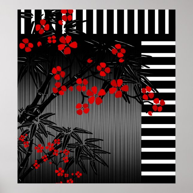 Póster Floral de Bambú Asiático Rojo Negro Blanco  (Frente)