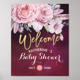 Póster Floral de bienvenida de Baby Shower plumas borgoña