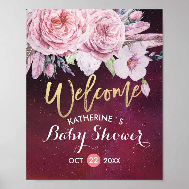 Póster Floral de bienvenida de Baby Shower plumas borgoña (Frente)