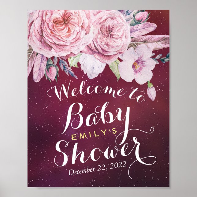 Póster Floral de bienvenida de Baby Shower plumas borgoña (Frente)