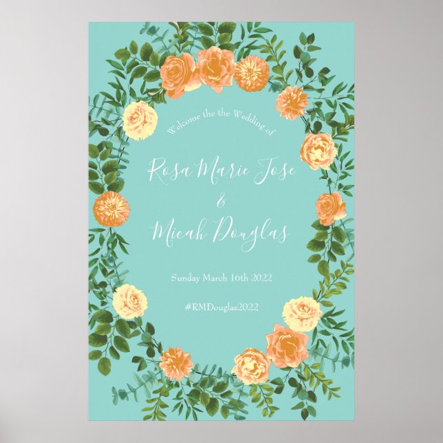 Póster Floral de Bodas Verde azulados de Peach Aqua (Frente)