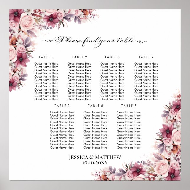 Póster Floral De Boho Rosa Dusty 7 Mesas Asientos Boda (Frente)