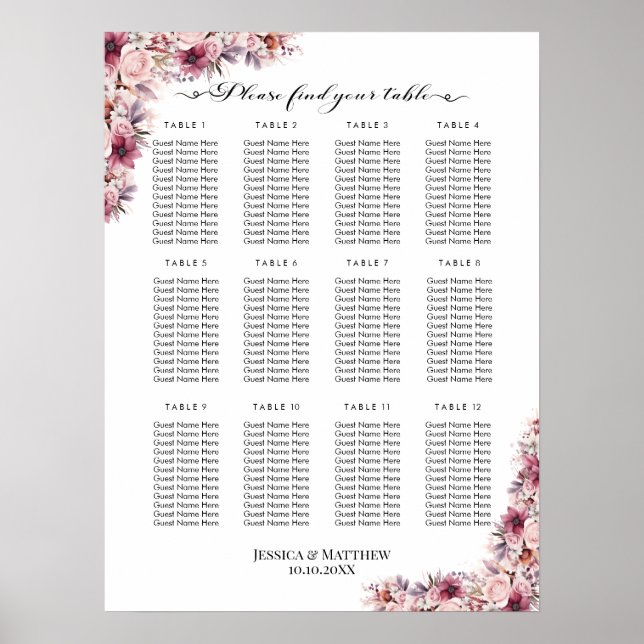 Póster Floral De Boho Rosa Polvoriento 12 Mesas Asientos  (Frente)