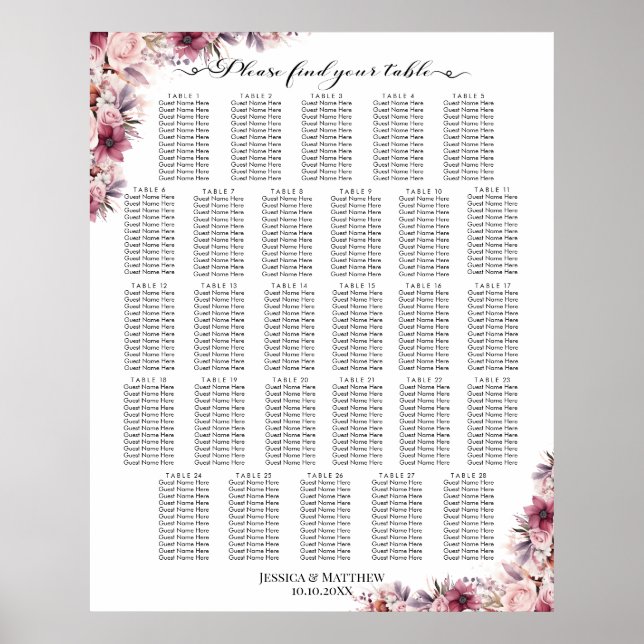 Póster Floral De Boho Rosa Polvoriento 28 Mesas Asientos  (Frente)