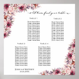 Póster Floral de Boho rosa y turbio 4 mesas Boda