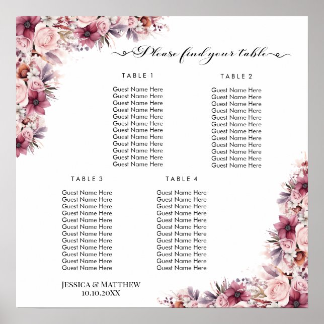 Póster Floral de Boho rosa y turbio 4 mesas Boda (Frente)