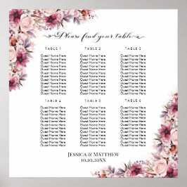 Póster Floral de Boho rosa y turbio 6 mesas Boda