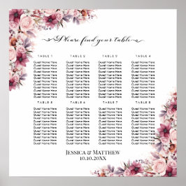 Póster Floral de Boho rosa y turbio 8 mesas Boda