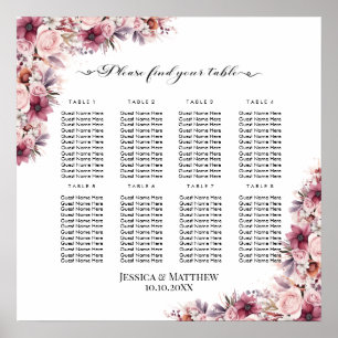 Póster Floral de Boho rosa y turbio 8 mesas Boda