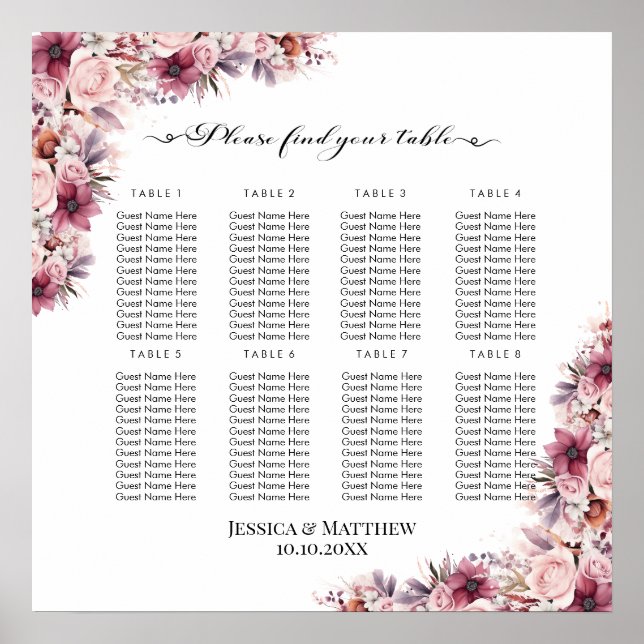 Póster Floral de Boho rosa y turbio 8 mesas Boda (Frente)
