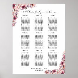 Póster Floral de boho rosa y turbio 9 mesas Boda